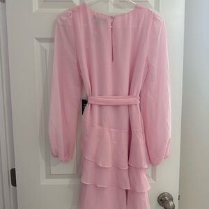 Express pink ruffle bottom tie waist dress